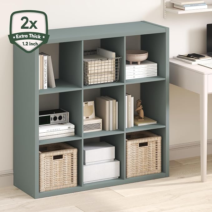 Furinno Cubicle 9-Cube Book Shelf, Extra Thick Frame Bookshelf, Sage Green | 14.6" x 44" x 44", Reversible Bookcase with Open Back, for Living Room, Bedroom, Home Office