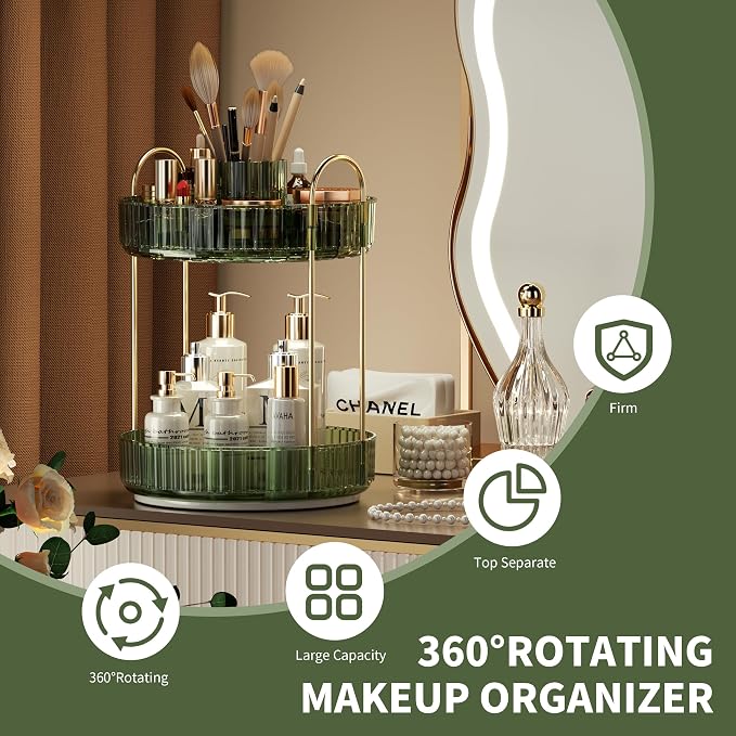 YCIA&DONE Rotating Makeup Organizer for Vanity, Large Capacity Make Up Storage Skin Care Shelf Perfume Holders Cosmetic Dresser Organizer Countertop Spinning 360 (Vintage Green, 2Tiers)