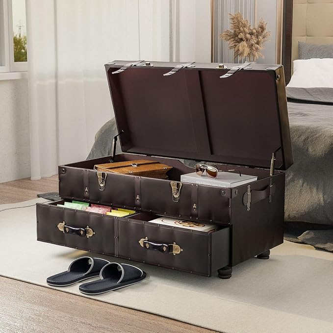 COZAYH Vintage Storage Bench, Upholstered Wooden Ottoman Chest Box, Brown