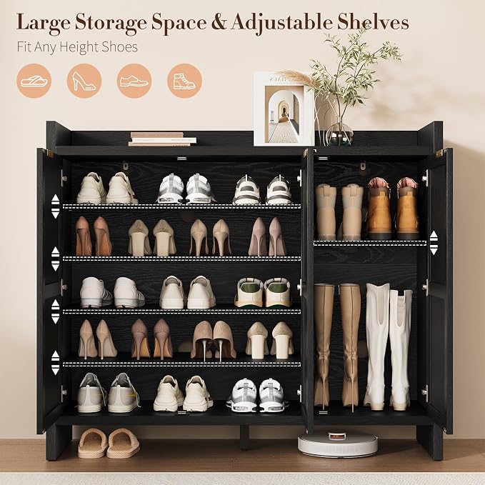 Shoe Cabinet Storage for Entryway - Rattan Accent Cabinet with 3 Doors & Adjustable Shelves, 6-Tier Large Wood Shoes Cabinets with Organizer Rack for Entry Way, Hallway, Living Room, Black