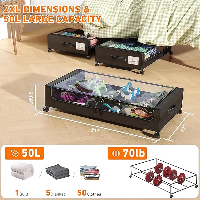 Under Bed Storage with Wheels, 2 Pack Under Bed Storage Containers with Clear Lids, XXL 65L Under Bed Storage Organizer, Rolling Under Bed Metal Drawer for Blanket, Clothes, Shoes (31 x 17 x 6.69 in)