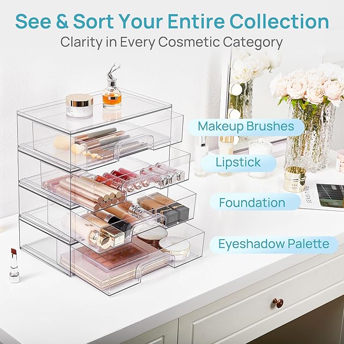 Vtopmart Clear Stackable Storage Drawers, 2 Pack Wide Plastic Organizers | Clear Pull-Out Plastic Drawers, Stackable Design for Makeup Palettes, Cosmetics, Beauty Supplies, Vanity, Cabinet and Desk