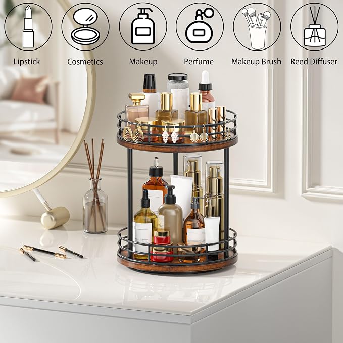 2-Tier Rotating Bathroom Countertop Organizer, Wooden Makeup Vanity Storage, Multifunctional Lazy Susan Turntable for Skincare, Perfume and Cosmetics (Brown)