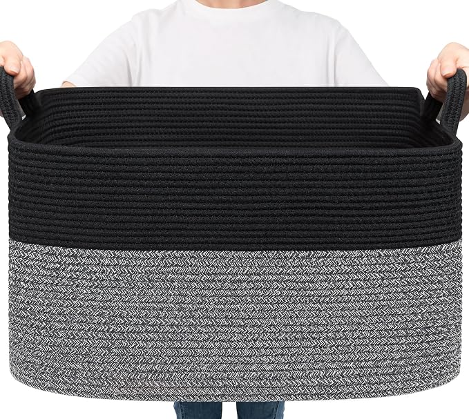 Goodpick Large Woven Blanket Basket, Rectangle Toy Organizer, Black & Gray | 21.6 x 14.9 x 11.8 in, Reinforced Handles, Toys, Blankets & Nursery Essentials Storage, Living Room & Bedroom Organization