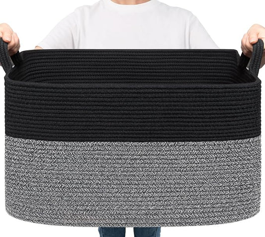 Goodpick Large Woven Blanket Basket, Rectangle Toy Organizer, Black & Gray | 21.6 x 14.9 x 11.8 in, Reinforced Handles, Toys, Blankets & Nursery Essentials Storage, Living Room & Bedroom Organization