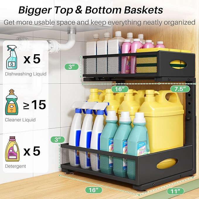 Under Sink Organizer, 2-Pack Pull Out Cabinet Organizer 2 Tier Metal Slide Out Storage Shelf Rack, L-Shaped Adjustable Height,Mesh Sliding Drawer for Kitchen, Bathroom, Laundry, Pantry, Black, XL