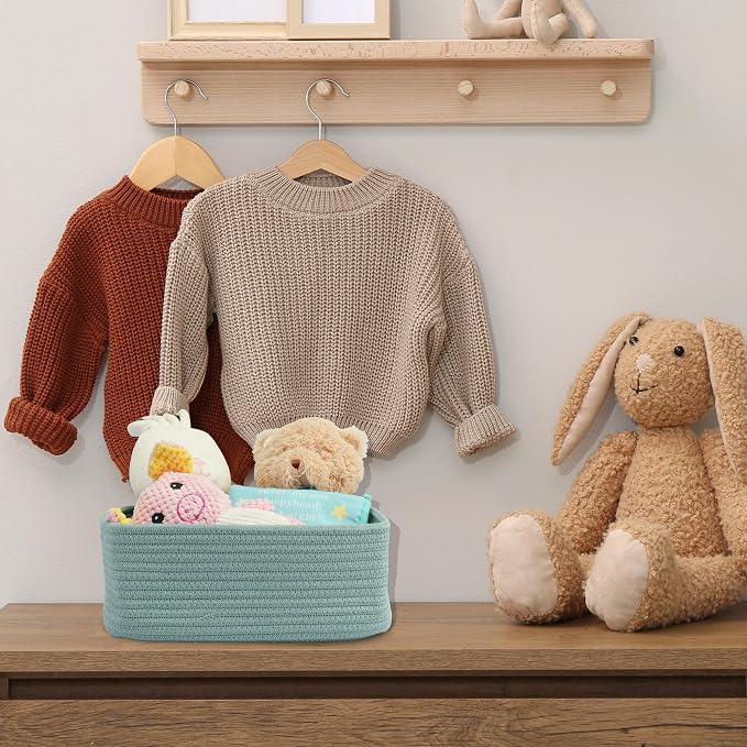 XUANGUO Small Woven Storage Baskets for Shelves, 13" x 9" x 5", Green | Decorative rope storage bins for closets and toy storage; cute organizer baskets, empty gift baskets and nursery storage.