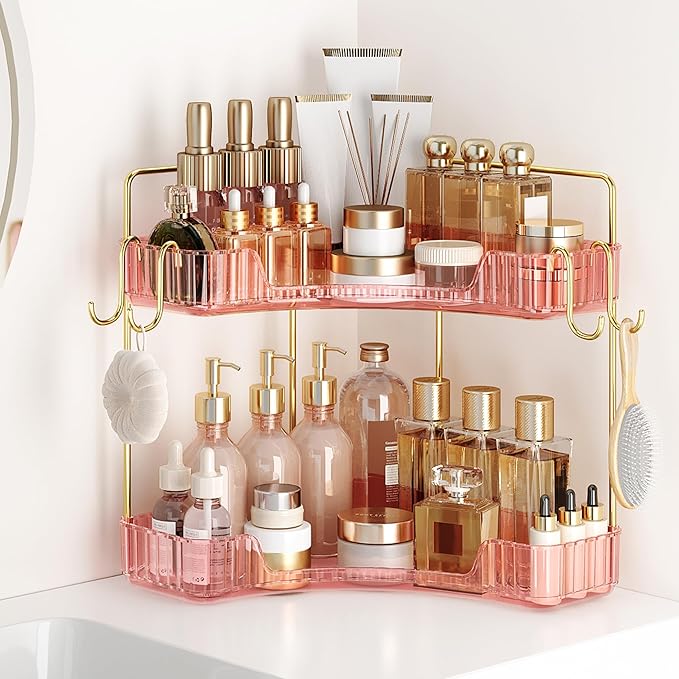 Delicate Pink 2-Tier Corner Counter Organizer Bathroom Organizers | Kitchen & Vanity Storage for PET Makeup Storage Countertop with Hooks, Skincare & Jewelry