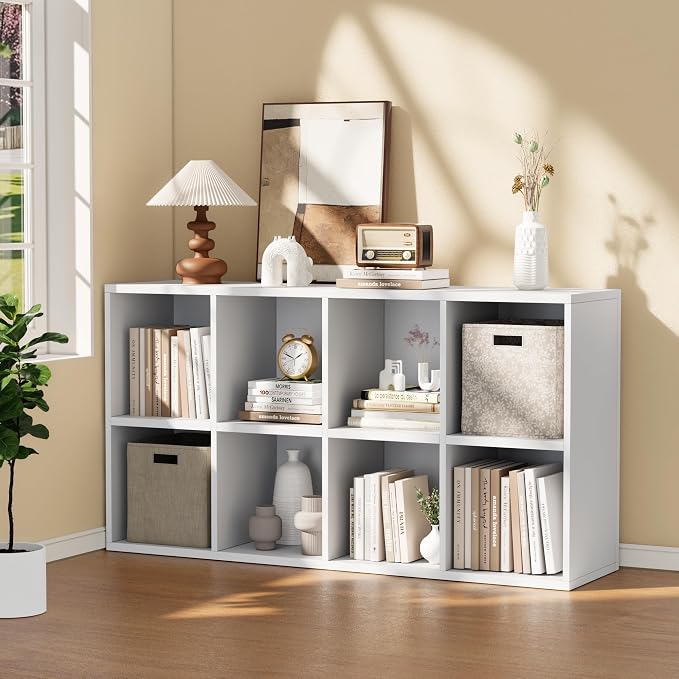 YESHOMY 8 Cube Storage Organizer, Open Frame 2-Tier Bookshelf, Organizer with Adjustable Shelves, Display Storage Bookcase for Living Room, Bedroom, Entrance Hall, Home Office, Modern White