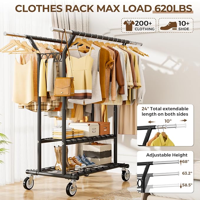 HYSEYY Heavy Duty Clothes Rack, Rolling Clothing Rack With Shelves Load 620 LBS, Double Rod Clothing Racks for Hanging Clothes, Portable& Adjustable Clothes Rack with Wheels,Black