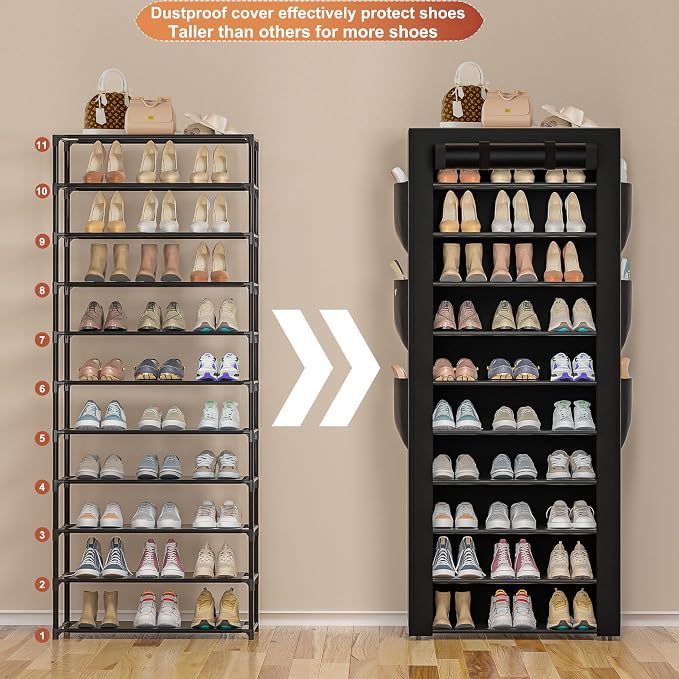 OYREL Large Shoe Rack, Black, 6 Side Pockets, 23.6" Wide x 11.4" Deep x 68.9" Tall, 36-41 Pairs of Shoes | Space Saving Fabric Cover Shoe Organizer Shelf for Closet, Bedroom, Garage, Entryway, Narrow Free Standing Cabinet Holder