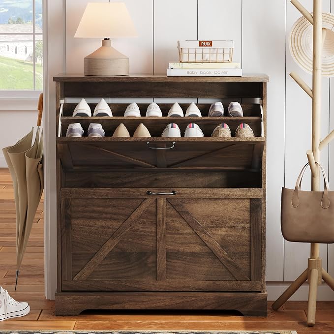 Semiocthome Farmhouse Shoe Storage Cabinet with 2 Flip Drawers, 31.5"(W) Freestanding Shoe Organizer with Barn Door and Metal Handles for Entryway, Corner Rustic Narrow Shoe Rack Cabinet - Walnut