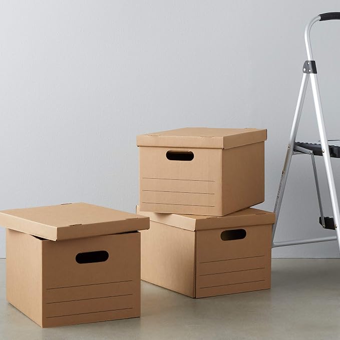 Amazon Basics Moving and Storage Boxes with Handles and Lift-Off Lids, File Storage, Collapsible, 15x10x12 in, Brown, 20-Pack