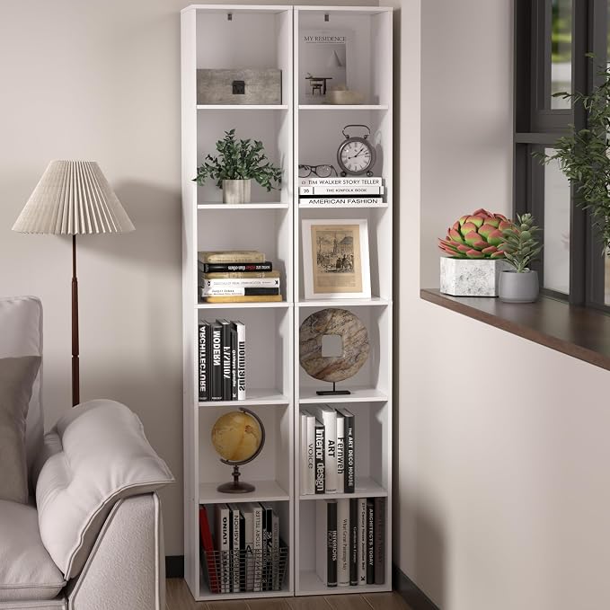 White Cube Shelf, 6 Cube Storage Organizer, 6-Tier Freestanding Low Bookshelf, Modern Cube Shelf for Living Room, Bedroom, Kids Toys, Home Office, Multi-Purpose Tall Cube Storage Furniture