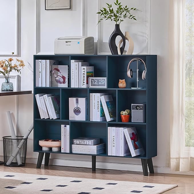 LEYAOYAO 10 Cube Bookshelf,Mid-Century Modern Bookcase with Legs,Dark Blue | 3 Tier Book Shelf,Rustic Wood Bookshelves Freestanding Large Storage Organizer, Open Shelves for Bedroom, Living Room, Office