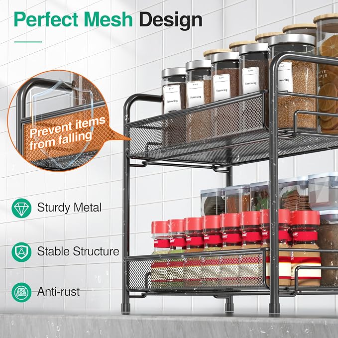 Spice Rack Organizer for Countertop,Xpatee 2-Tier Foldable Metal Rust-Proof Standing Large Seasoning Storage Shelf with Guardrail and Mesh Design for Kitchen Cabinet Bathroom Living Room Pantry, Black