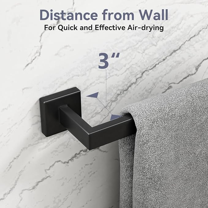 24 Inch Matte Black Towel Bar, Square Base Bathroom Towel Rack, Towel Holder Wall Mounted, Thicken SUS304 Stainless Steel Towel Rod Modern Home Decor (Total Length 26-Inch)