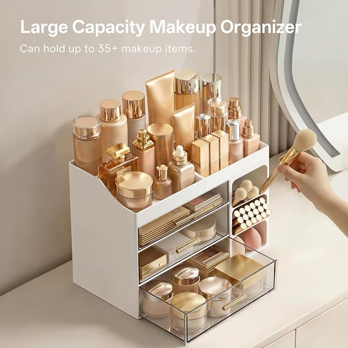 HBlife Makeup Organizer Countertop with Brush Holder, Large Bathroom Counter Organizer with Drawers, Skincare Organizers for Vanity, Plastic Dresser Organizer Storage Gift for Women Girl Mom, White