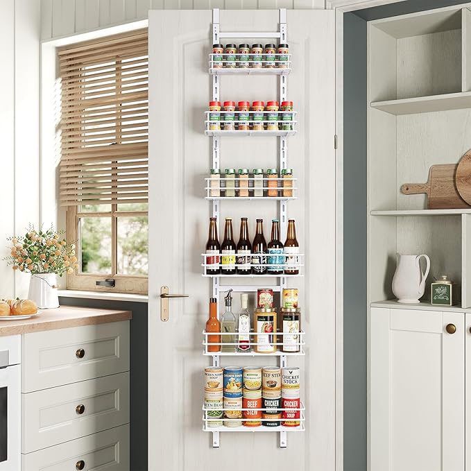 6-Tier Narrow Pantry Door Organizer,Over the Door Pantry Organizer,White | Height Adjustable Heavy Duty Hanging Metal Basket,Back of Door Organizers and Storage for Home,Kitchen,Laundry,Bathroom