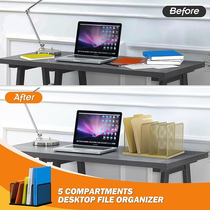 Kuntine.B 5-Section Upright Desk File Organizer Gold 1 Pack | Vertical, Mesh, Metal, Assembly, Stability, Sturdiness, Organization, Standing
