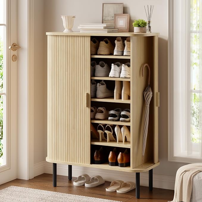 ONBRILL 6-Tier Shoe Cabinet with Sliding Door, Wooden Shoe Storage Cabinet with Adjustable Shelves, Mid-Century Modern Freestanding Shoe Storage Organizer for Entryway, Hallway, Living Room, Oak