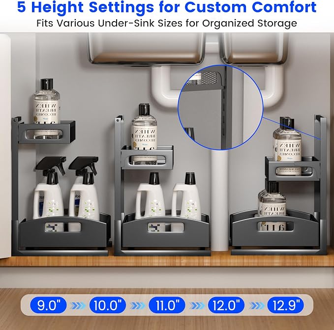 Petiza Under Sink Organizer,2 Pack Height Adjustable Under Sink Organizers and Storage, 2 Tier Under Sink Storage for Kitchen Bathroom Cabinet