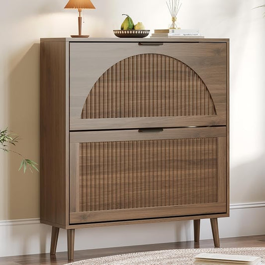 BORNOON Shoe Cabinet for Entryway with 2 Flip Drawers, Slim Wooden Shoe Storage Organizer with Modern Fluted Pannel，Freestanding Narrow Hidden Shoe Rack for Hallway, Foyer, Living Room