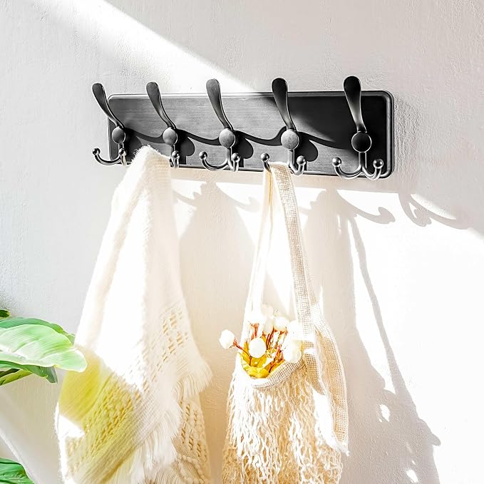 Coat Rack Wall Mounted - 5 Tri Hooks, Heavy Duty, Wooden Wall Coat Hanger Coat Hook for Clothes Hat Jacket Clothing, Black