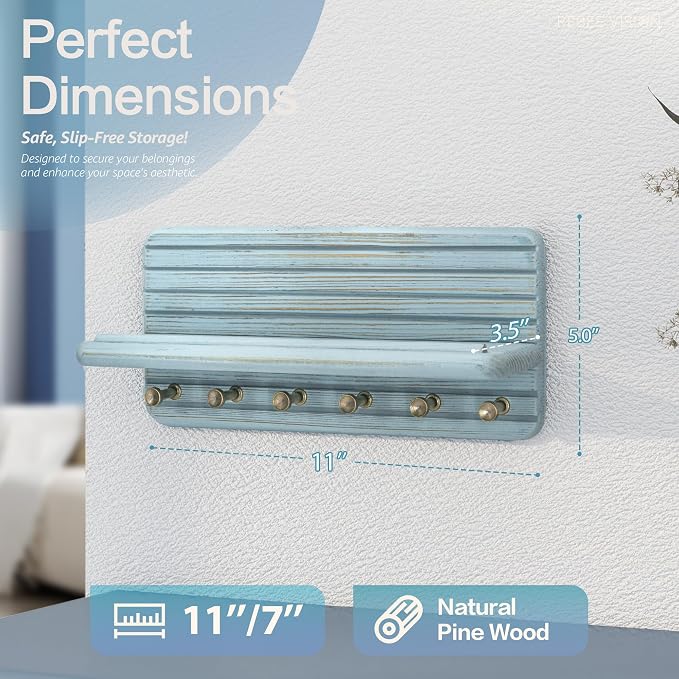Rebee Vision Key Holder Wall Mount with 6 Key Hooks for Home Decor, Blue | 6 Key Hooks,Pine Wood, Key Holder for Wall, Floating Shelf, Mail Organizer, Apartment Essential for Room Improvement