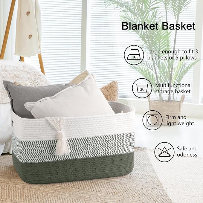 OIAHOMY Large Blanket Basket, 22”x17”x12” Rectangle Woven Baskets, Nursery Blanket Storage Living Room, Toy Storage With Handle, Large Baskets for Organizing-Green/White