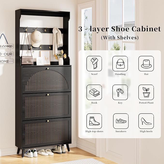Fsbecl Shoe Storage Cabinet with 3 Fluted Flip Drawers & Coat Rack, Black | Slim Freestanding Shoe Organizer with Hidden Storage, Adjust Shelves, Wooden 2-in-1 Hall Tree for Entryway Foyer, 18-24 Pairs
