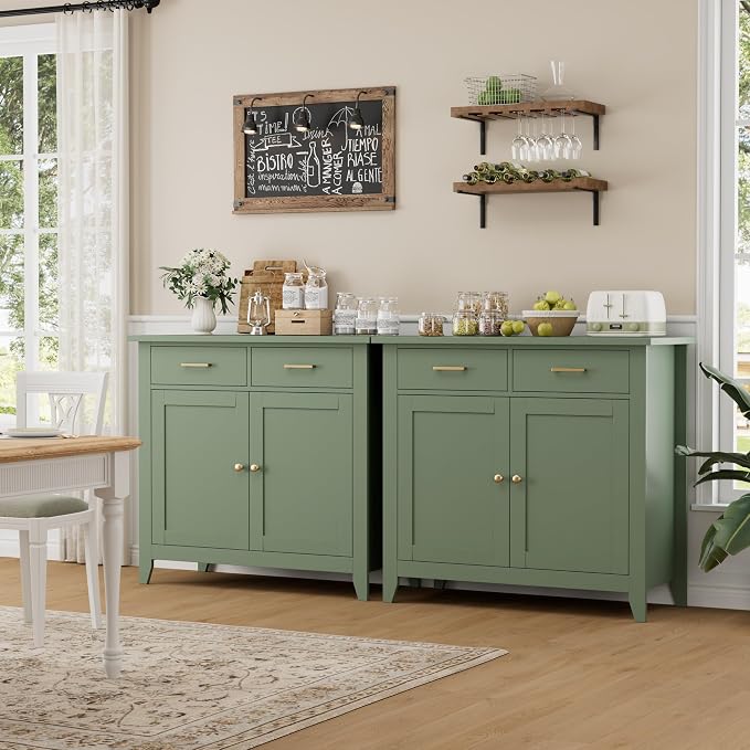 HORSTORS Farmhouse Kitchen Storage Cabinet, Small Buffet, Coffee Bar, Green | Buffet Sideboard with 2 Drawers & 2 Doors, 35.8"W Coffee Table, Sapce-saving Kitchen Cabinet for Dining Living Room, Entryway