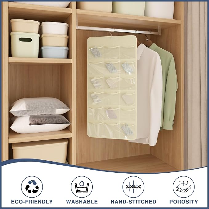 26-Pocket Hanging Closet Organizer for Socks and Underwear, Beige | Non-woven clear compartments keep bras & leggings visible; swivel hook fits wardrobe, closet rod, wall, door or shelves.