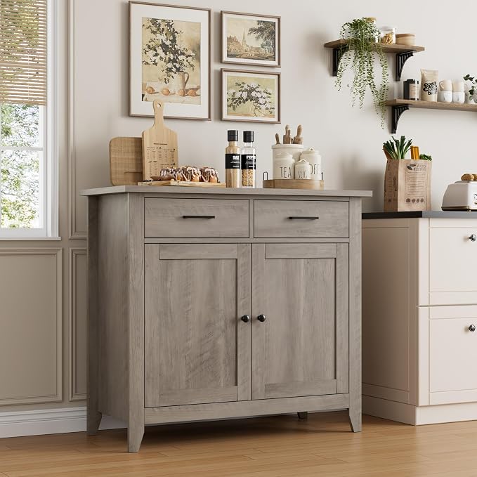 HORSTORS Farmhouse Kitchen Storage Cabinet, Small Buffet, Coffee Bar, Grey | Buffet Sideboard with 2 Drawers & 2 Doors, 35.8"W Coffee Table, Sapce-saving Kitchen Cabinet for Dining Living Room, Entryway