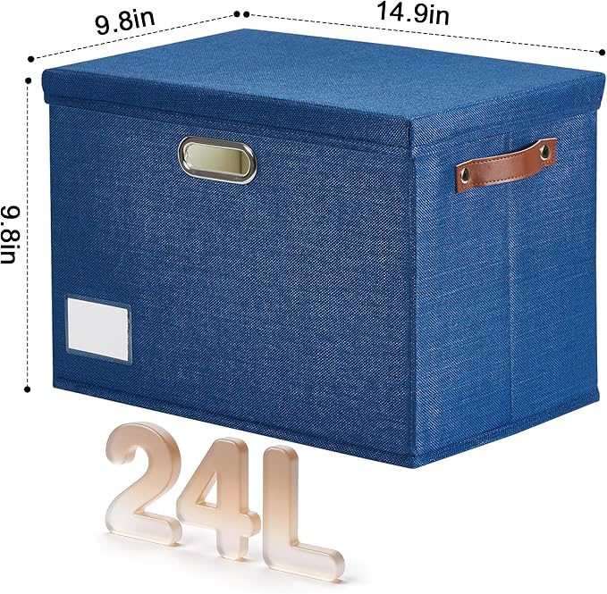 15" Large Collapsible Storage Bins with Lids, Stackable Closet Organizers with PU Handle and Labels, 3-Pack Decorative Fabric Storage Boxes for Home, Bedroom, Closet, Office, Nursery(Navy)