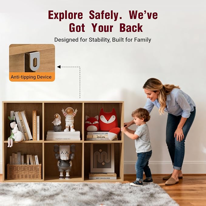 Book Shelf, Wooden Cube Storage Organizer with 11" Open Cubes, Stackable Modular Bookcase for Room Divider Storage, 2 Tier Bookshelf for Living Room, Bedroom, Office (Oak, 6-Cube)