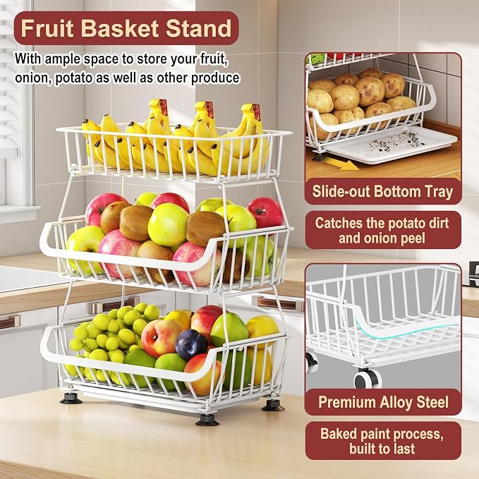 3-Tier Rolling Pantry Cart with Wheels, Stackable Wire Storage Floor Organizer for Kitchen Pantry Snack Shelves, Fruit Basket Stand, Vegetable Storage Rack for Food Snacks Onion Potato, White