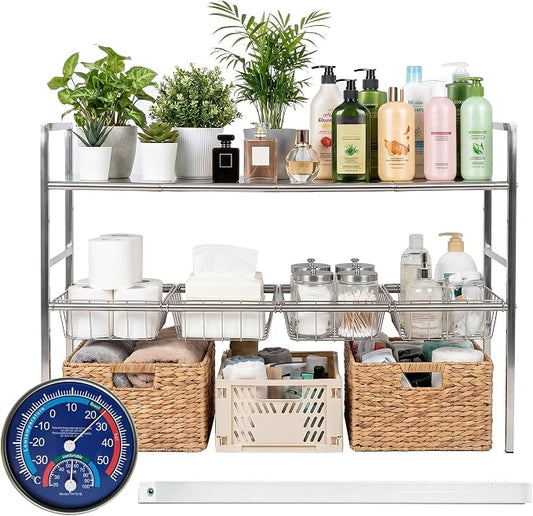 Under-Sink Organizer 2-Tier Expandable Cabinet Storage (4 panels 4 baskets) | LED Motion-Sensing Auxiliary Lighting Dial Thermometer Stainless Steel Telescopic & Adjustable Rust-Resistant