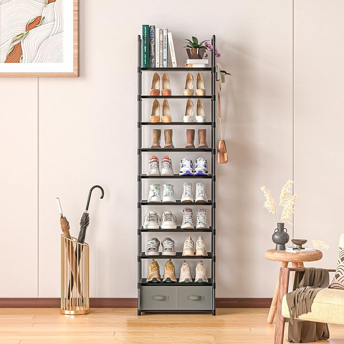 Tall Shoe Rack Narrow 10 Tier Shoes Rack 20 25 Pairs + 2 Boxes 1 Hook | Shoe Storage Organizer for Closet, Entryway, Living Room,Sturdy Metal Shoe Shelf Shoe Stand Closet Organizers and Storage
