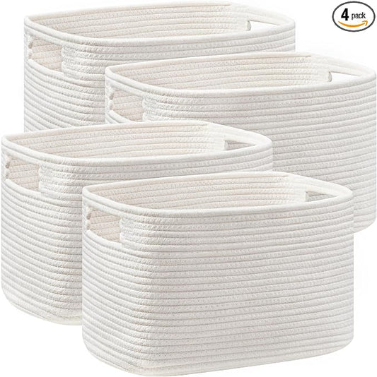 4 Pack Storage Baskets for Organizing, Shelf Baskets with Handles, White | 14.5"Lx9.8"Wx9"H, Woven Basket, Cotton Rope Basket, Toy Storage, Cube Shelf, Gift Baskets Empty, Home Decor