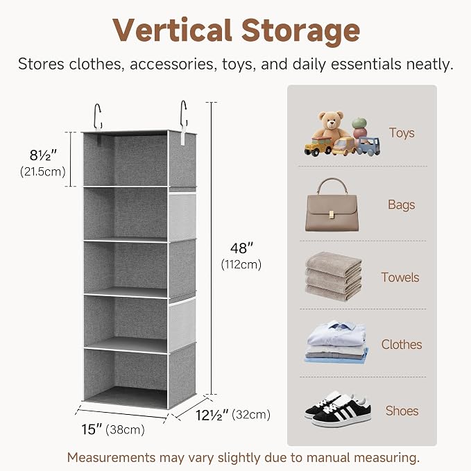 StorageWorks Hanging Closet Organizer, 5-Shelf Hanging Shelves with 2 Hooks, Foldable Space-Saving Design, Closet Organizers and Storage for Bedroom, Dorm, Locker, Gray