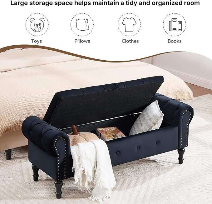 Storage Bench 51" Velvet End of Bed Benches Black | Queen Size Storage Bench for Bedroom with Rolled Arms Tufted Ottoman Benches Upholstered Bench for Living Room Entryway