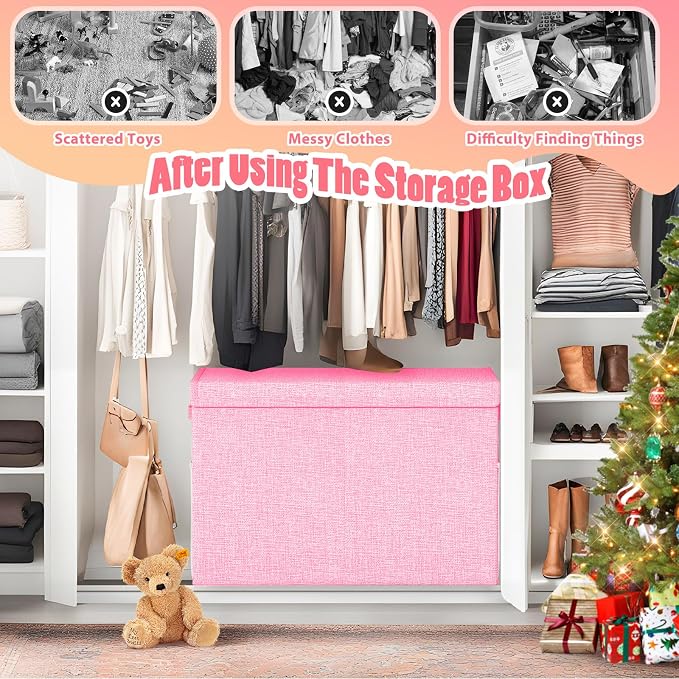 Large Toy Storage Box with Lid & Dividers, Collapsible Kids Toy Chest, Pink | Toy Box for Boys, Girls, Nursery, Bedroom, Living Room, Playroom, 25 x 13 x 16 inches