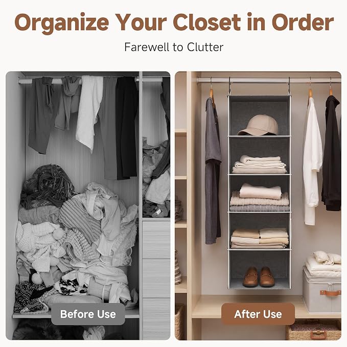 StorageWorks Hanging Closet Organizer, 5-Shelf Hanging Shelves with 2 Hooks, Foldable Space-Saving Design, Closet Organizers and Storage for Bedroom, Dorm, Locker, Gray