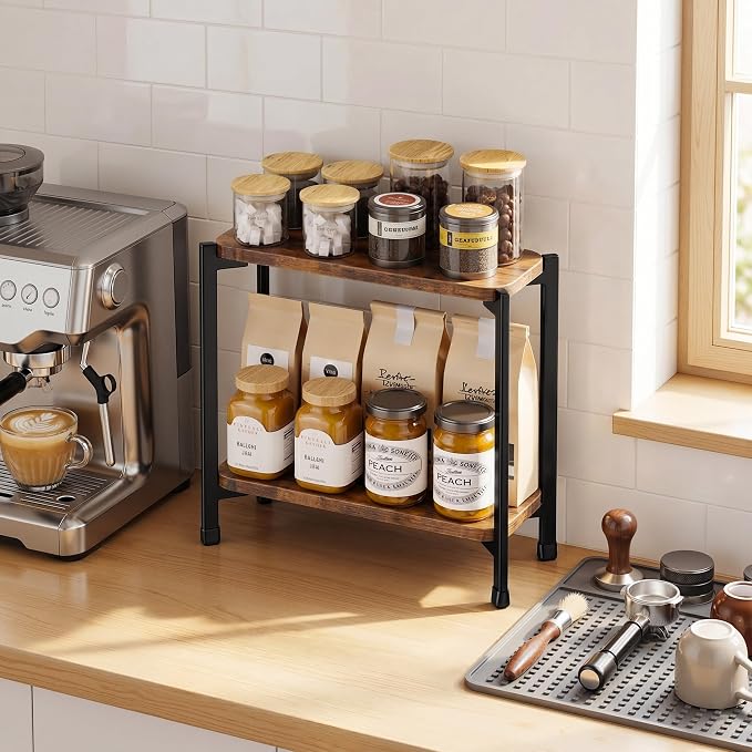pickpiff 2 Tier Spice Rack Organizer for Kitchen Countertop, Wood and Metal Seasoning Shelf, Space-Saving Spice Organizer for Kitchen Counter, Coffee Bar and Dining Table, Brown