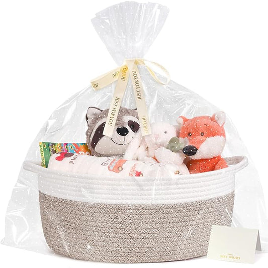 CHICVITA Large Gift Basket Empty with Bags & Ribbon to Fill, Brown | 13.6"x 10" x 6" Woven Gift Basket Empty to Fill for Holiday, Rope Baskets for Organizing, Birthday Basket, Dog Toy Basket