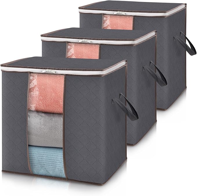 Lifewit 3 Pack 100L Clothes Storage Bins with Lids, Foldable Blanket Storage Bags with Zippers, Clear Window and Reinforced Handles, Closet and Organization for Clothing, Sweater, Comforter, Bedding