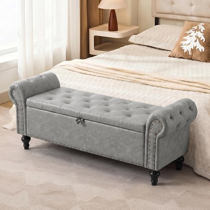 51" Storage Bench for Bedroom, Upholstered Ottoman Bench, Leather LightGray | End of Bed Bench for Bedroom, Window Benches for Living Room, Entryway, Ottoman with Large Storage Space, Pet Friendly