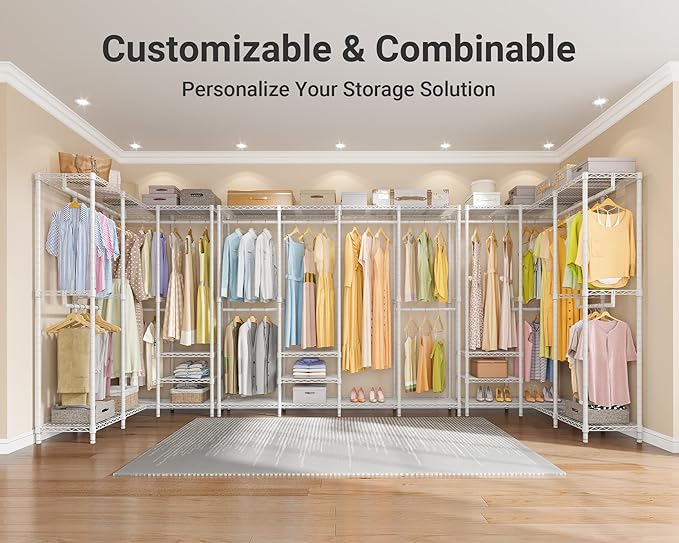 VIPEK V40 Heavy Duty Clothes Rack, Modular Closet System Clothing Rack | 76 inch Adjustable Open Clothing Storage System with 6 Shelves & 4 Hang Rods for Bedroom/Reach-in Closet, White