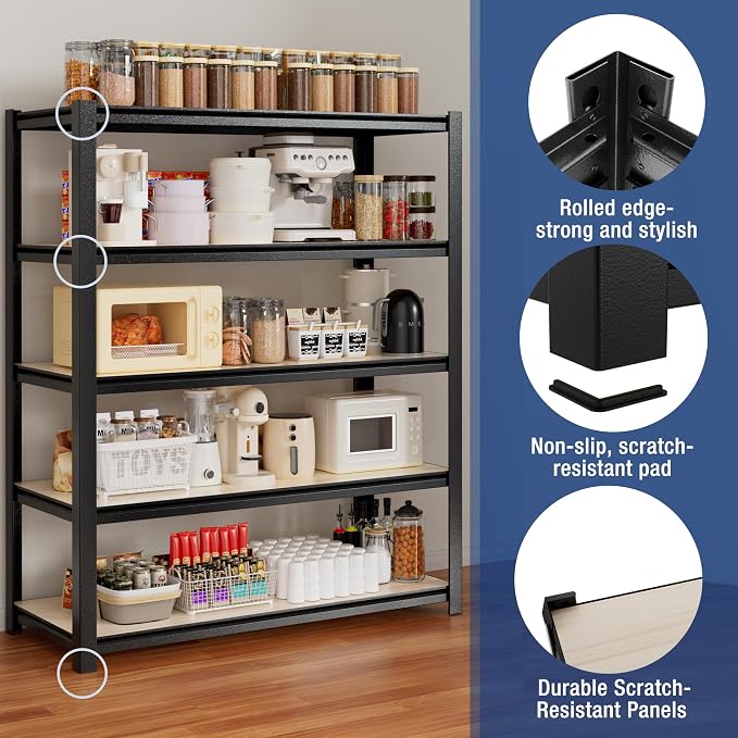 WORKPRO 5-Tier Black Shelving with Board, 48”W x 24”D x 72”H, 3000LBS Load | Adjustable, Heavy Duty, 3000lbs, Boltless Shelving for Kitchen, Living Room, Garage